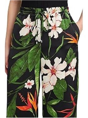 Tropical Floral Drawstring Wide-Leg Pants - Black/Green